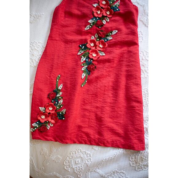 Vintage Mod Mini Dress Barkcloth 70s Sleeveless Red Floral Applique XS Party - Picture 3 of 10